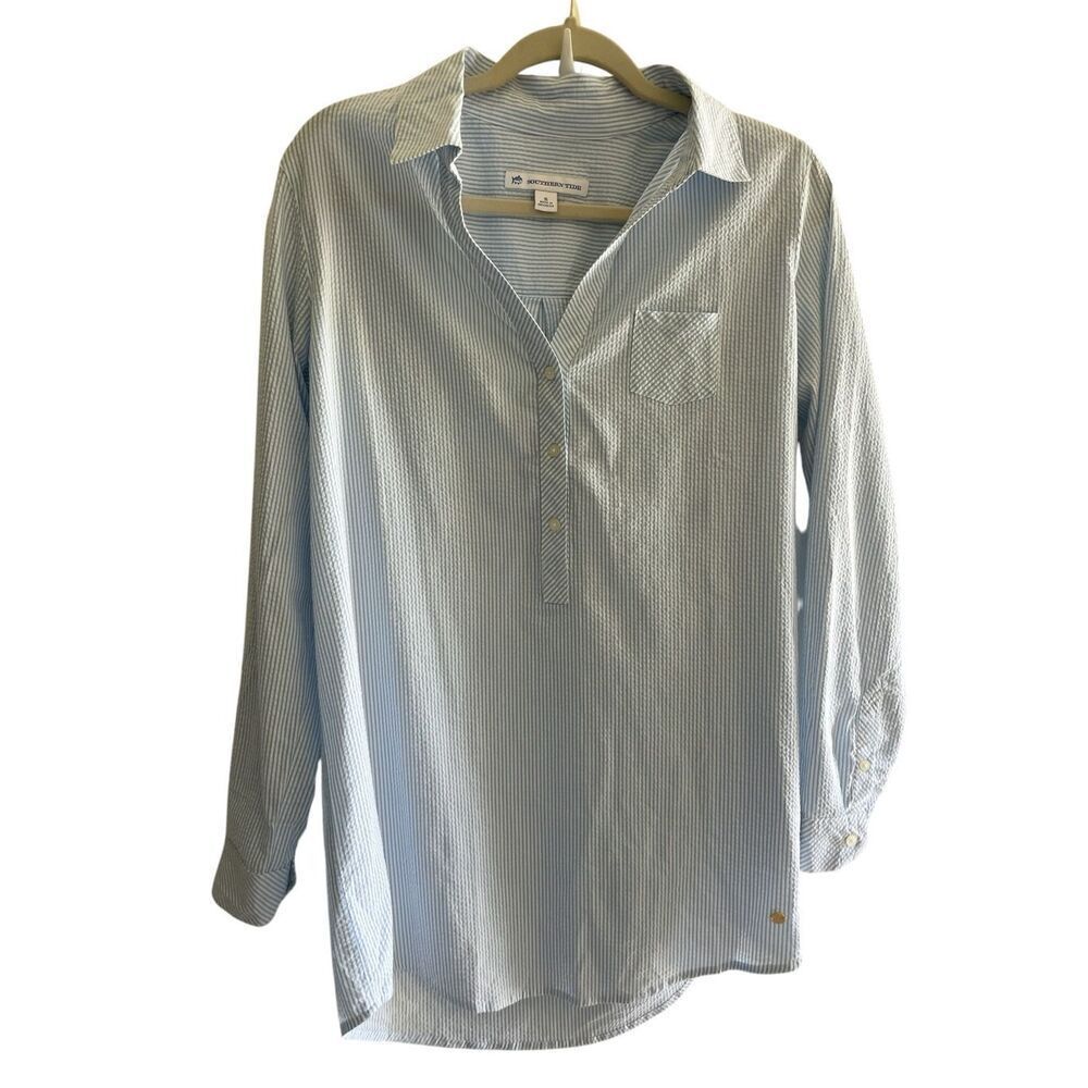 Southern Tide Blue Pin Stripe Seer Sucker Tunic Shirt Women’s Size Small Popover